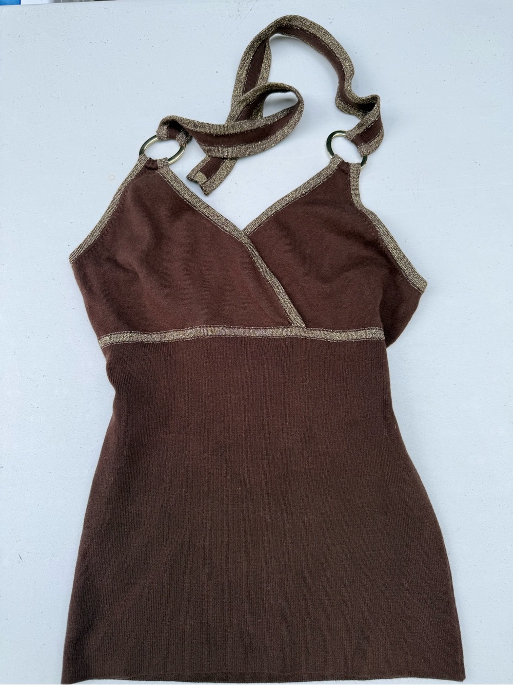 Vintage Brown Halter Knit Tank Top with Metallic Trim